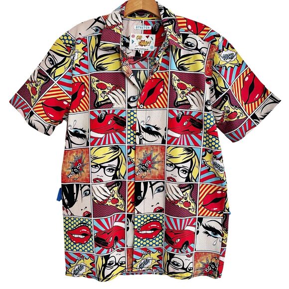 Oh Snap Drill Clothing Co Shirt Sz S Mens Comic Pop Art Pizza Pinup Lips Boom - Picture 2 of 8